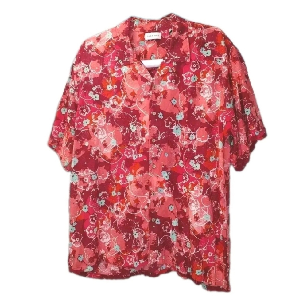 Raga Man Camp Hawaiian Shirt Adult XXL Coastal Tropical Pink Floral Button New